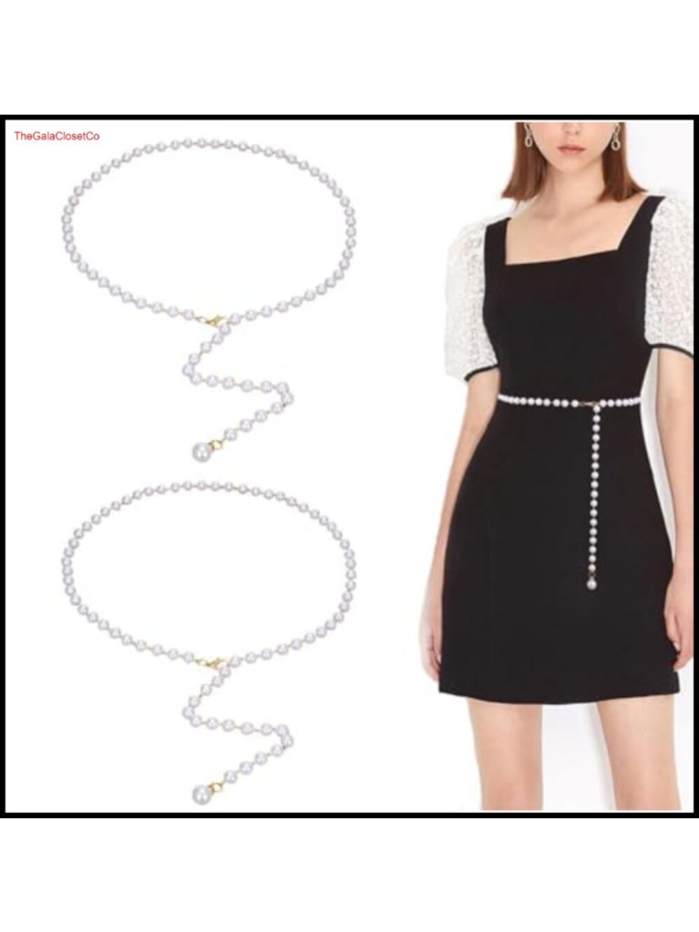 Faux Pearl Rhinestone Elastic Waist Chain Belt Skinny Cinch Waist Belt